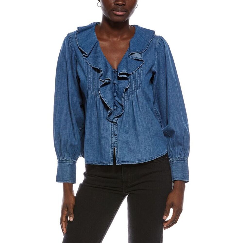 Madewell Womens  Marciana Ruffle Denim Top, Green